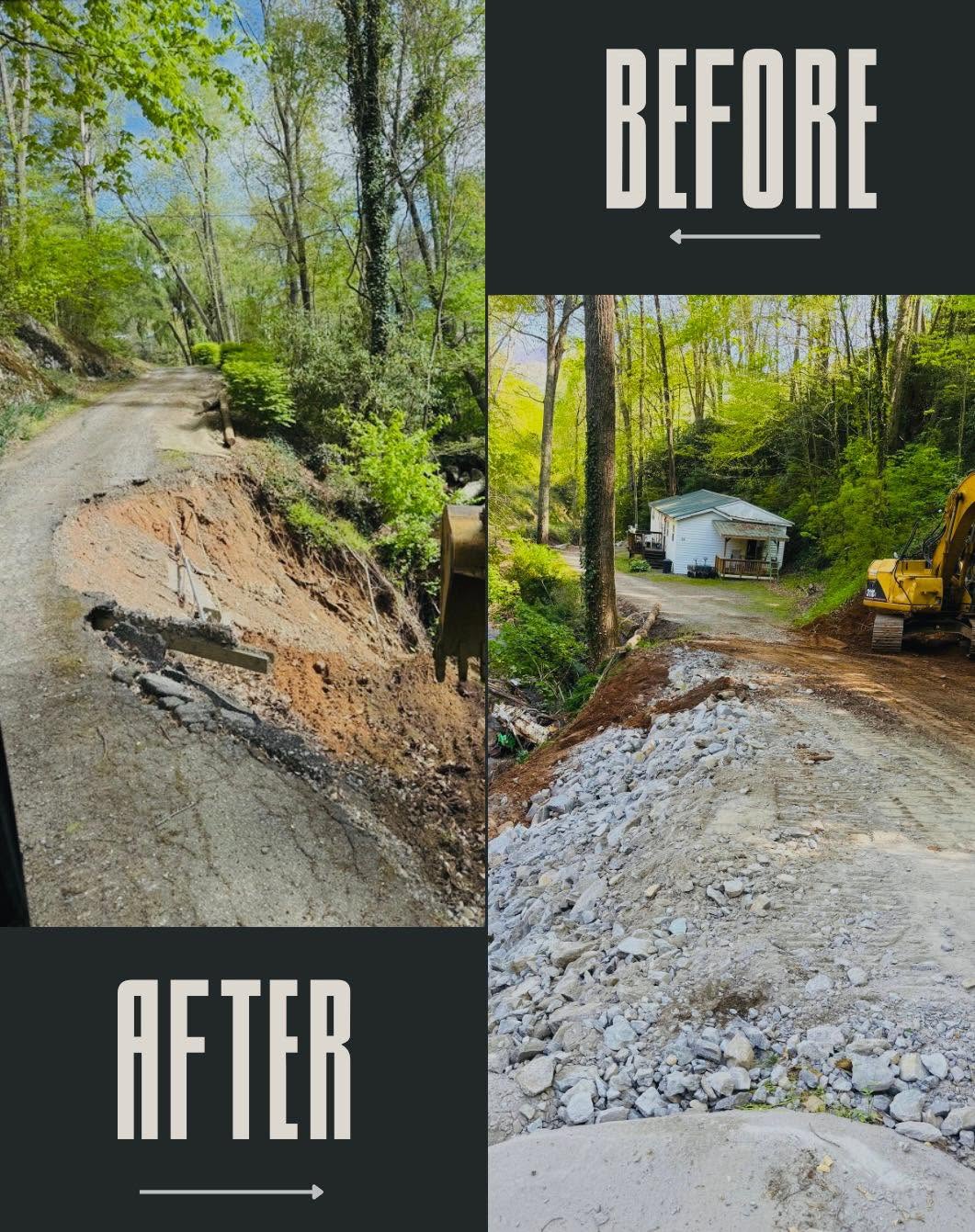 Before and after of a washed-out access road rebuilt with stone in Western NC